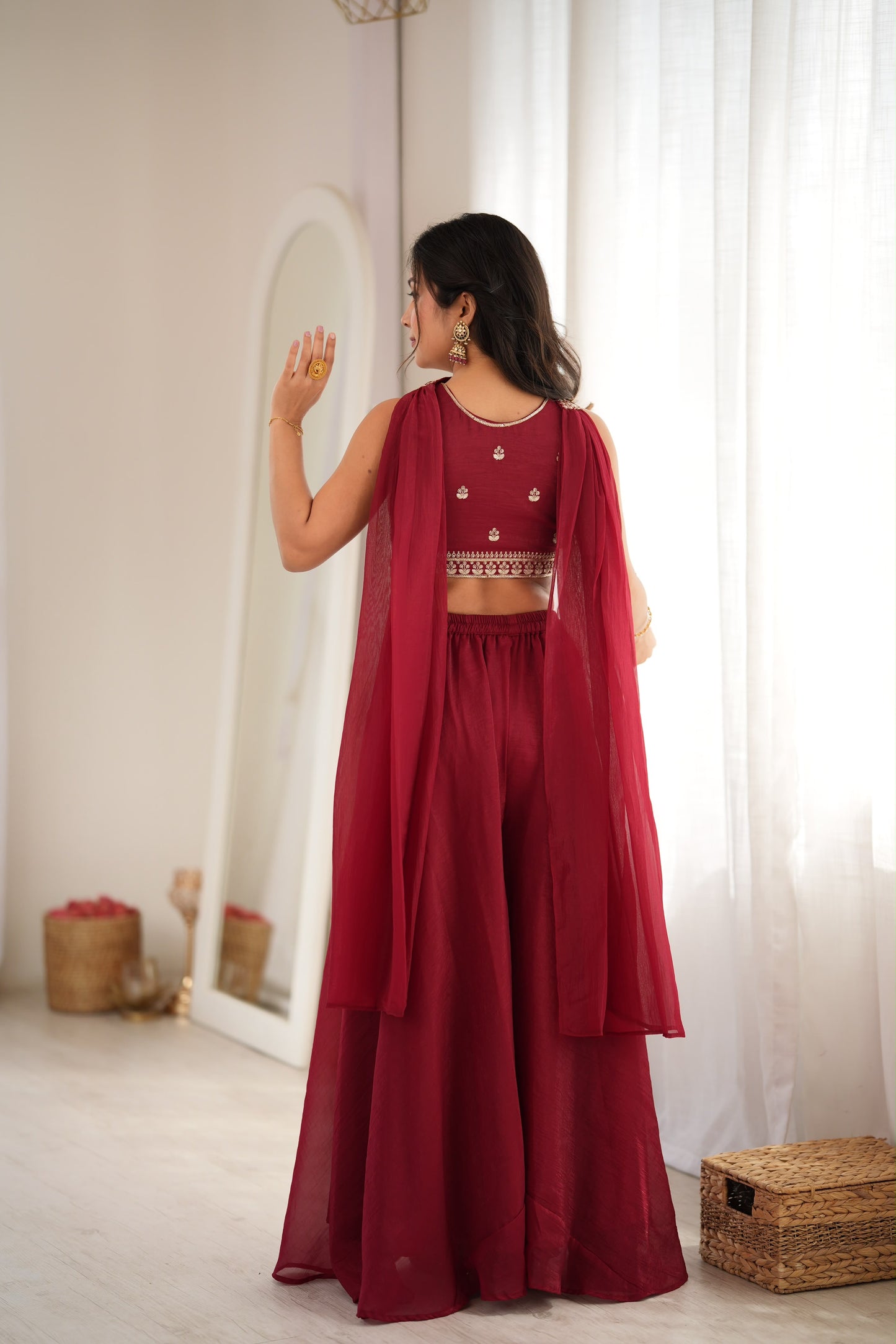 Designer Indo-Western Crunchy Silk Crop Top Palazzo Set