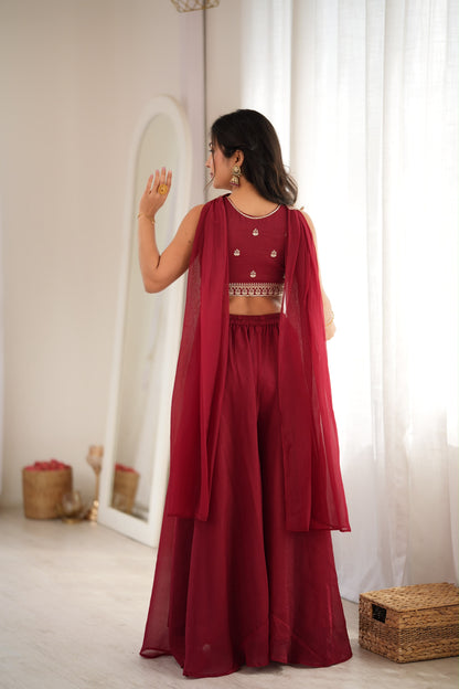 Designer Indo-Western Crunchy Silk Crop Top Palazzo Set