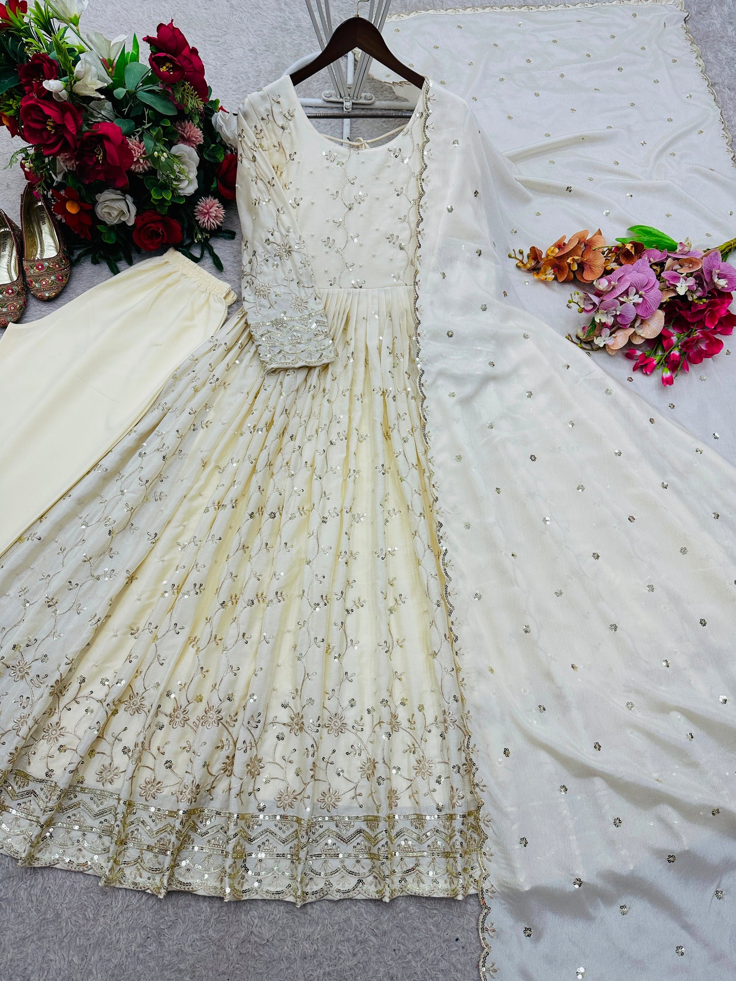 Premium Chinon Silk Embroidered Gown Set With Micro Silk Pant & Dupatta