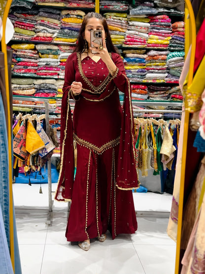 Roman Glass Real Mirror Work Top With Plazzo & Chanderi Silk Dupatta Set