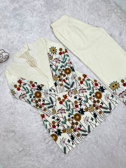Premium Magic Slub Cotton Floral Printed Kurta Pant Set