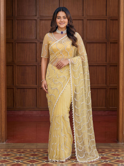 Designer Handwork Net Saree With Beads, Sequence & Pearl Embroidery