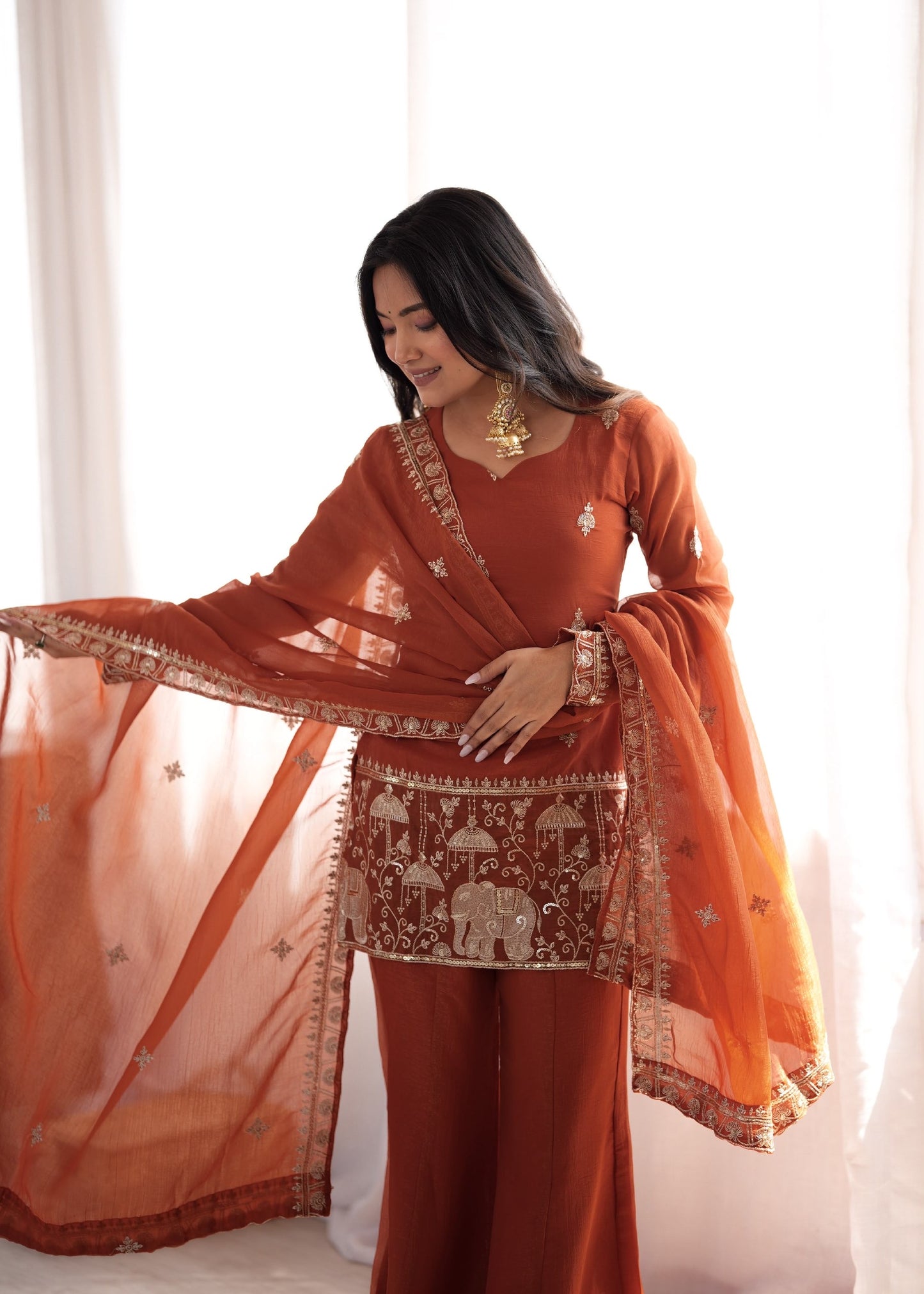 Crunchy Silk Embroidered Kurta Set with Bell Bottom and Dupatta