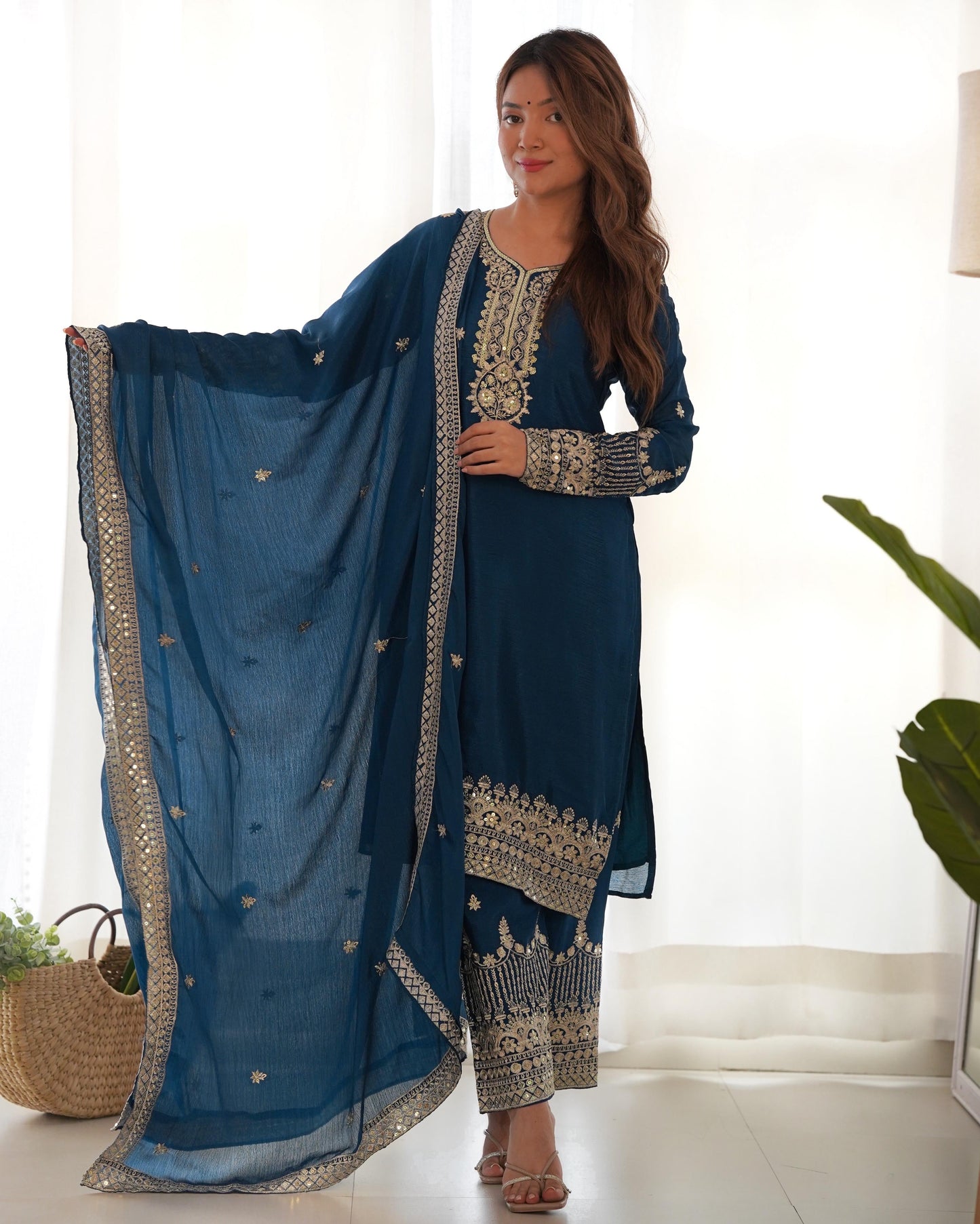 Pure Chinon Silk Embroidered Kurta Set with Dupatta & Trouser