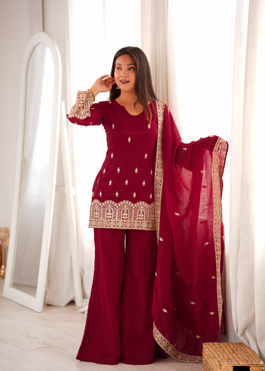Premium Crunchy Silk Embroidered Bell Bottom Suit Set With Dupatta