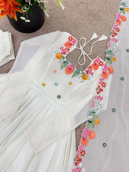 Designer Faux Georgette Embroidered Gown with Pant and Dupatta Set