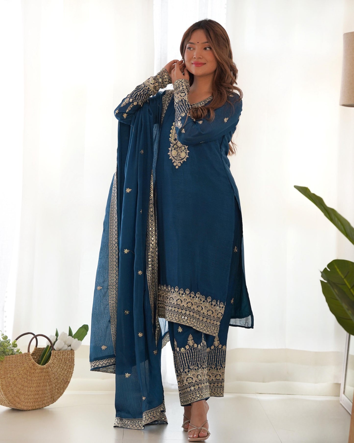 Pure Chinon Silk Embroidered Kurta Set with Dupatta & Trouser