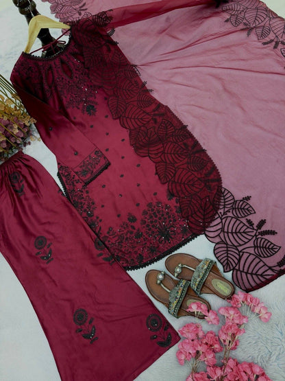 Satin Rayon Top, Plazzo & Dupatta