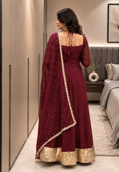 Premium Silver Crunchy Mirror Lace Gown With Designer Dupatta