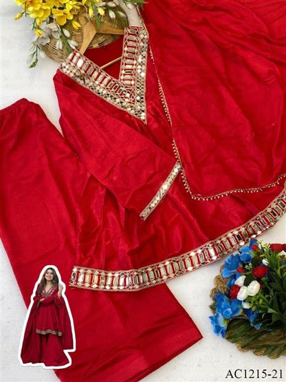 Premium Soft Chinon Mirror Work Palazzo Set With Dupatta