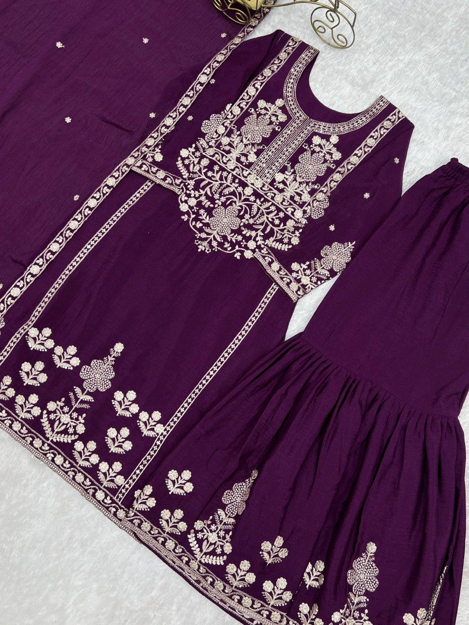 Chinon Silk Top, Sharara & Dupatta Set