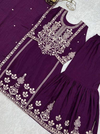 Chinon Silk Top, Sharara & Dupatta Set