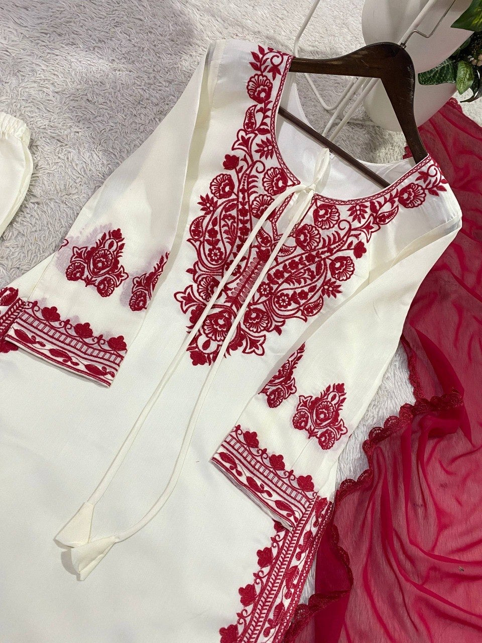 EMBROIDERED ROMAN SILK FABRIC TOP AND PANT WITH DUPATTA PAIR