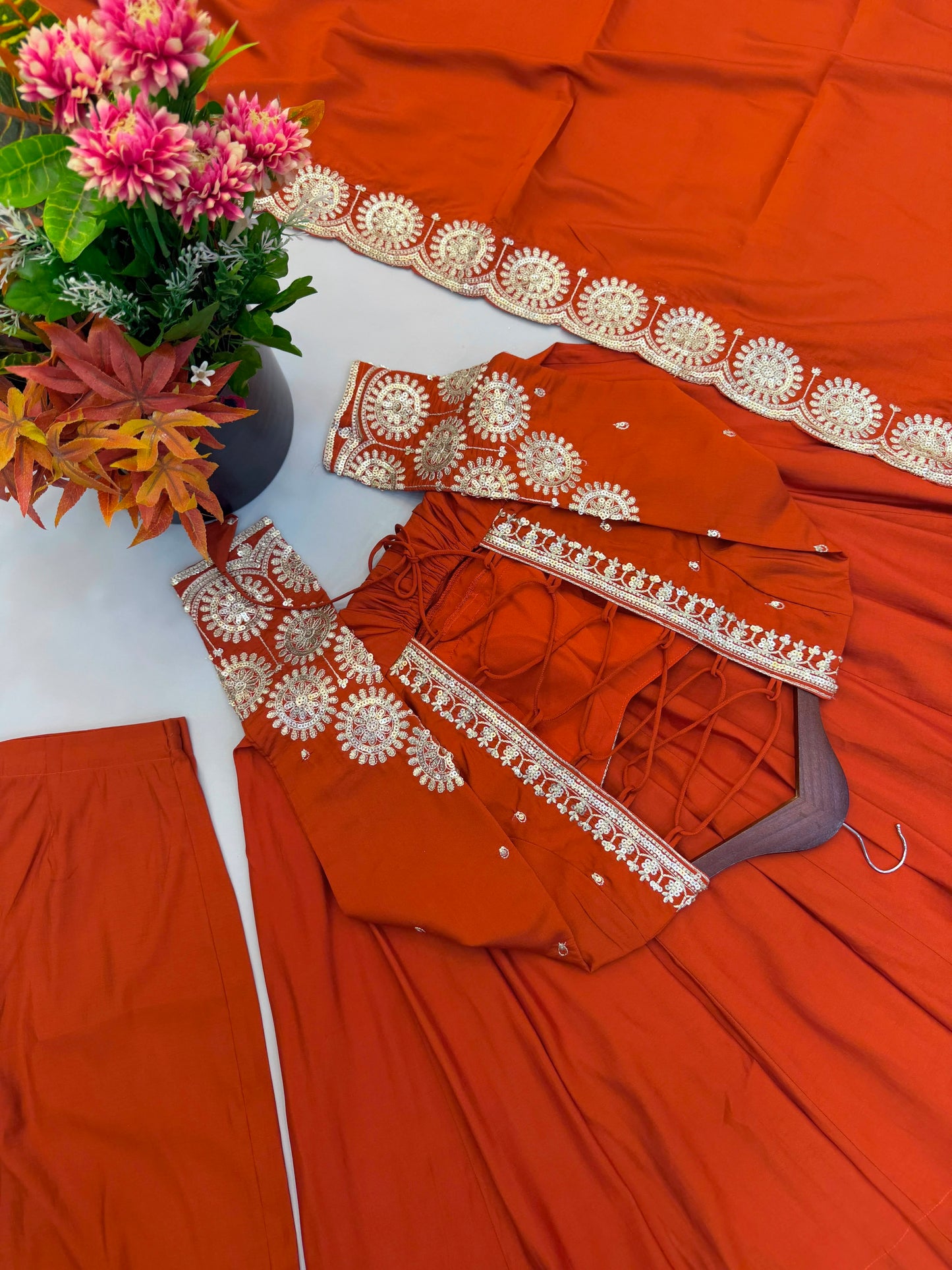 Premium Roman Silk Embroidered Anarkali Set With Chanderi Dupatta