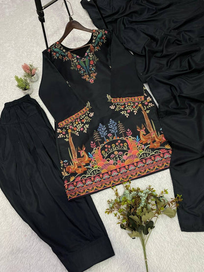 PRINTED ROMAN SEQUENCE EMBROIDERED TOP, PLAZZO & DUPATTA SET