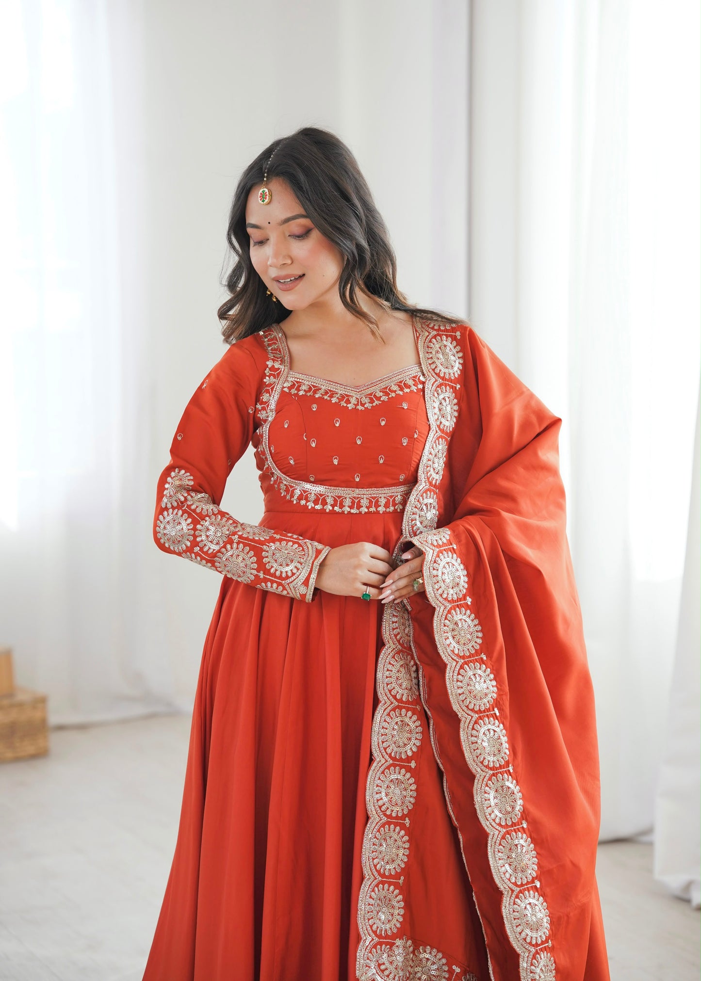 Premium Roman Silk Embroidered Anarkali Set With Chanderi Dupatta