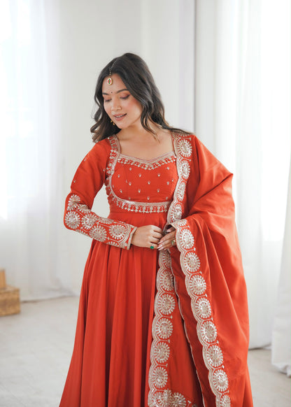 Premium Roman Silk Embroidered Anarkali Set With Chanderi Dupatta