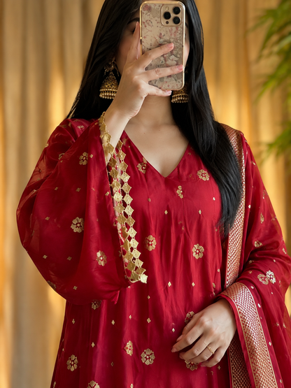 Satin Silk Kurta Set with Palazzo and Dupatta