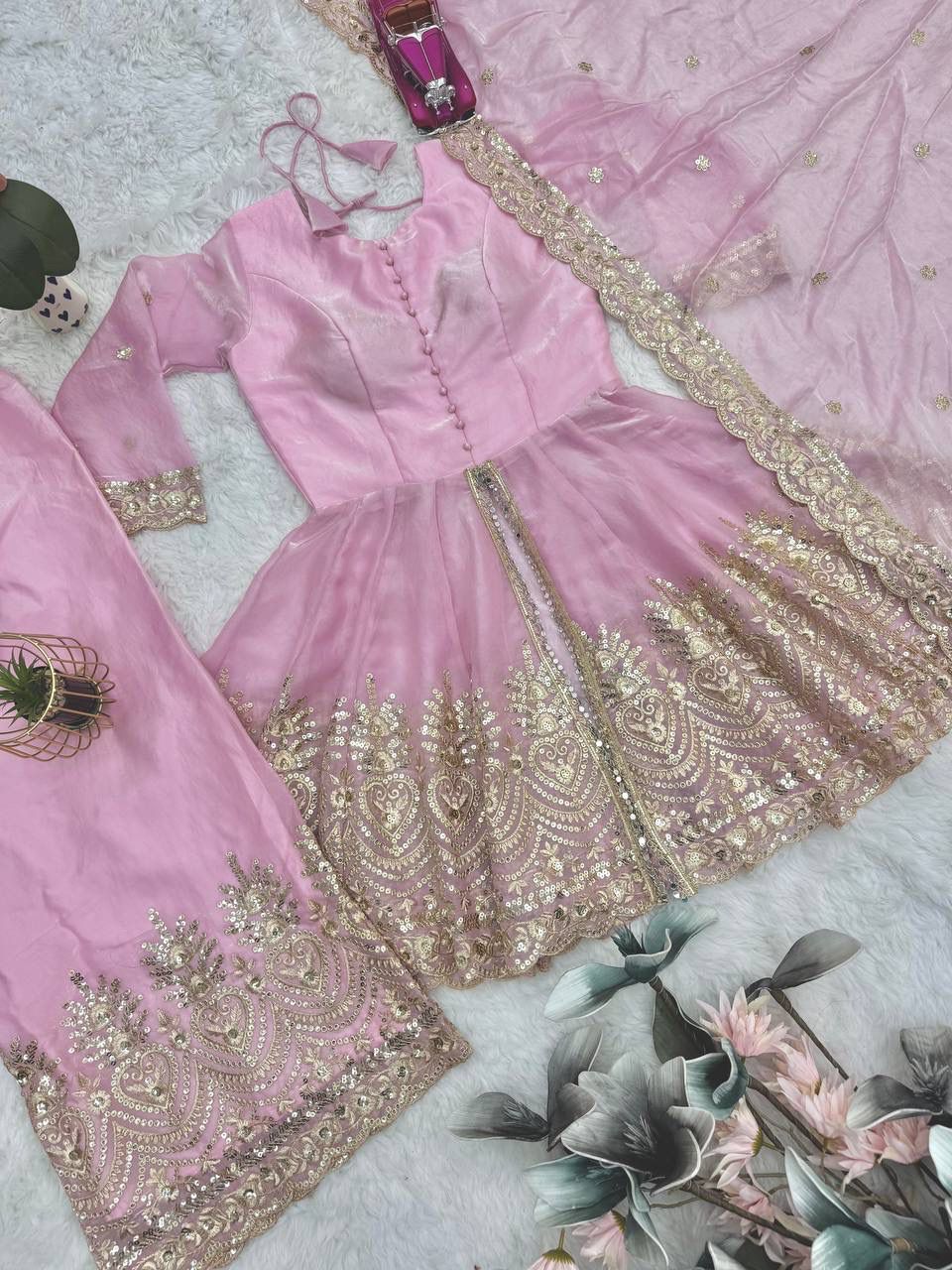 Fendy Satin Silk Gown Sharara Set with Mirror Work