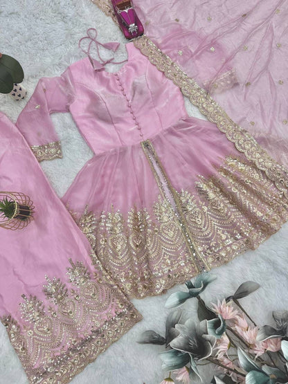 Fendy Satin Silk Gown Sharara Set with Mirror Work