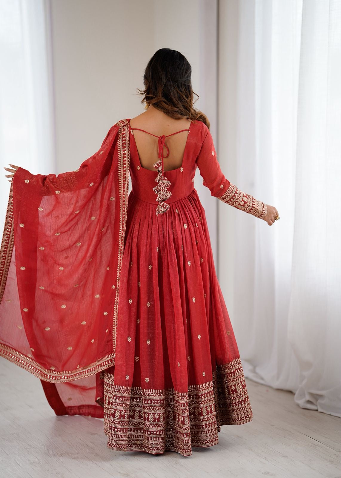 Premium Crunchy Silk Rust Anarkali With Dupatta