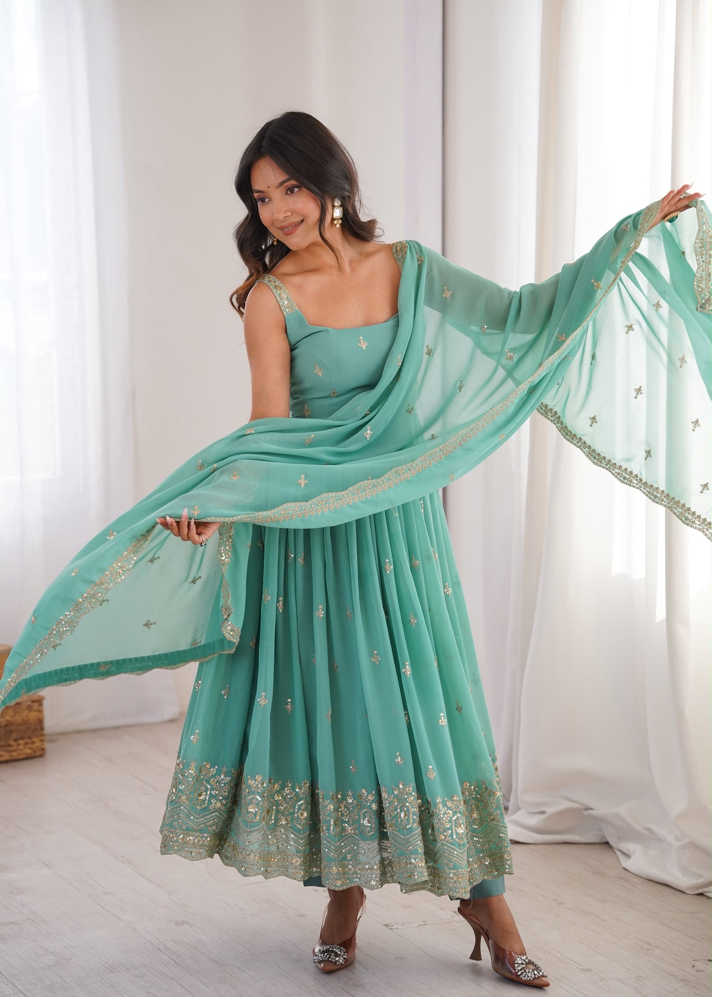 Premium Faux Georgette Embroidered Anarkali Set With Dupatta & Pant