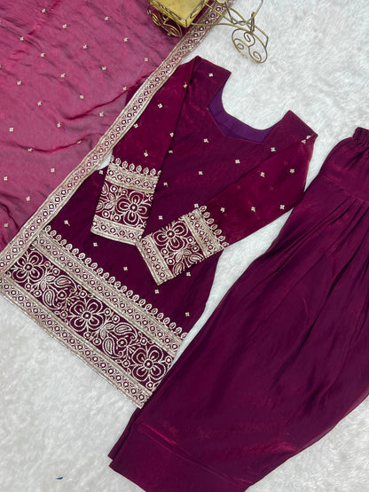 Wine Heavy Fendy Silk Embroidered Kurta Set with Farshi Shalwar and Dupatta