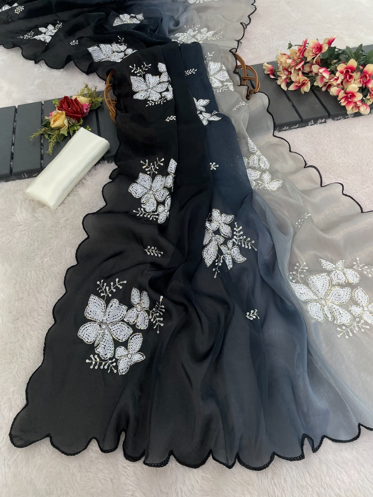 Premium Zimi Chu Sequence Work Saree With Satin Silk Blouse