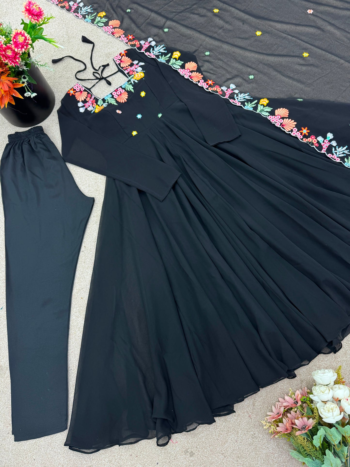 Designer Faux Georgette Embroidered Gown with Pant and Dupatta Set