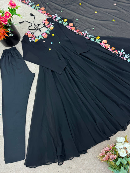 Designer Faux Georgette Embroidered Gown with Pant and Dupatta Set