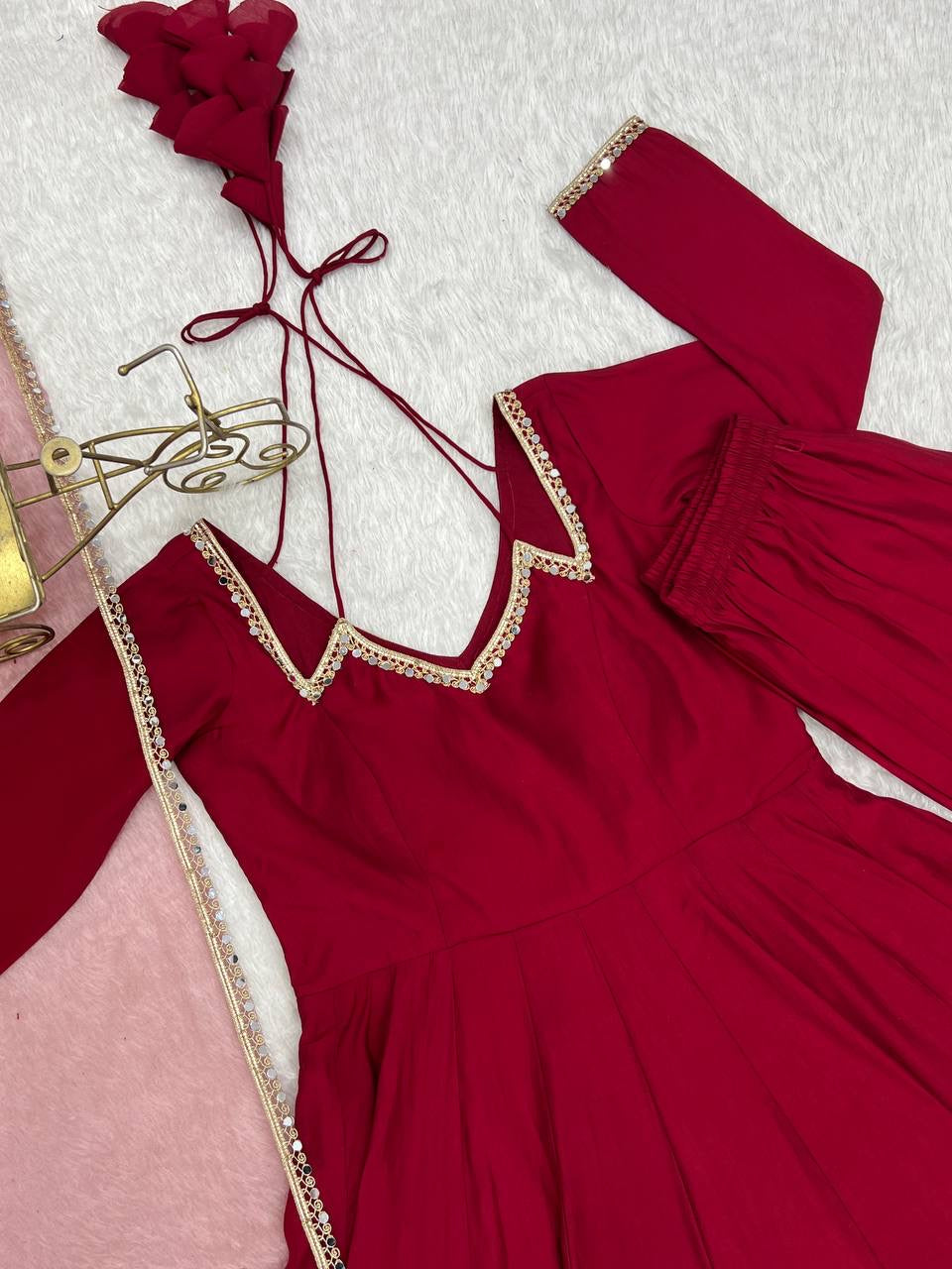 Roman Silk Chanderi Anarkali, Pant & Dupatta Set