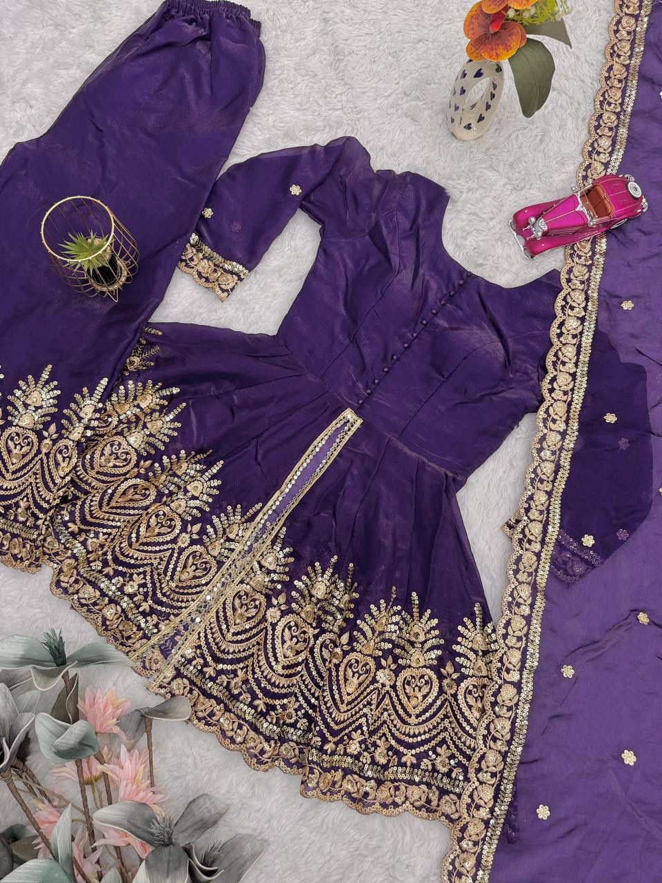 Fendy Satin Silk Gown Sharara Set with Mirror Work