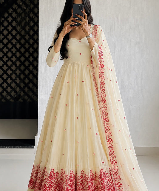 Diamond Silk Embroidered Anarkali Gown with Palazzo and Dupatta Set