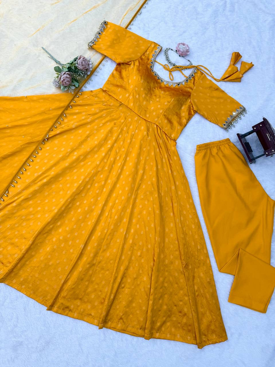 Chanderi Jacquard Butti Real Mirror Anarkali Set
