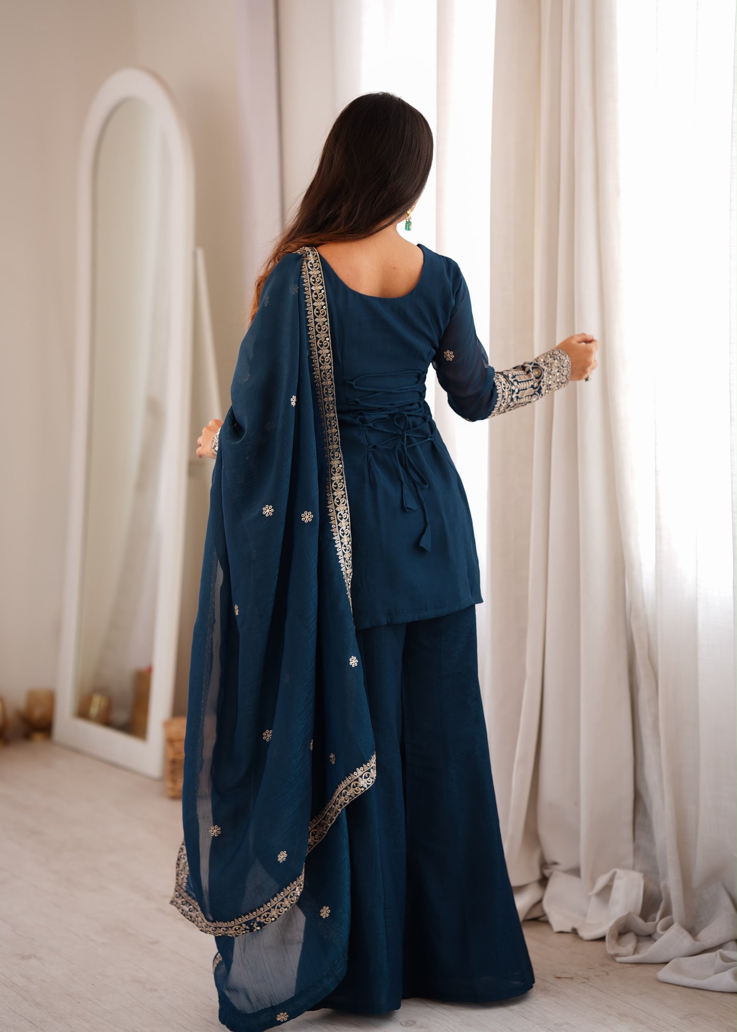 Teal Blue Crunchy Silk Embroidered Kurta Set with Bell Bottom Pant and Dupatta
