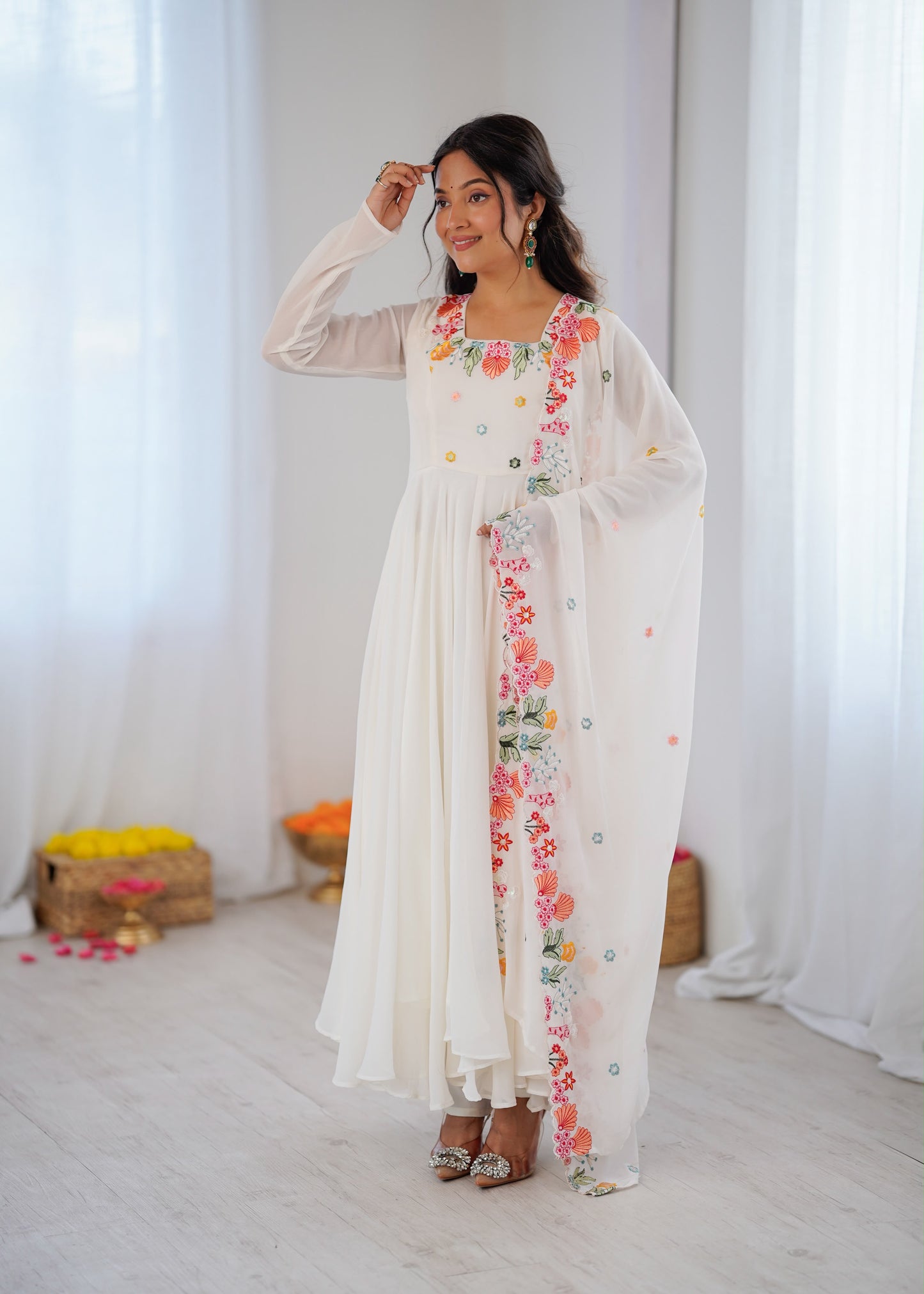 Designer Faux Georgette Embroidered Gown with Pant and Dupatta Set