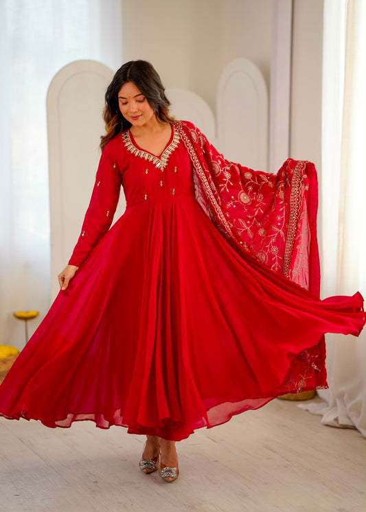 Premium Faux Georgette Khatli Mirror Work Anarkali Set With Dupatta