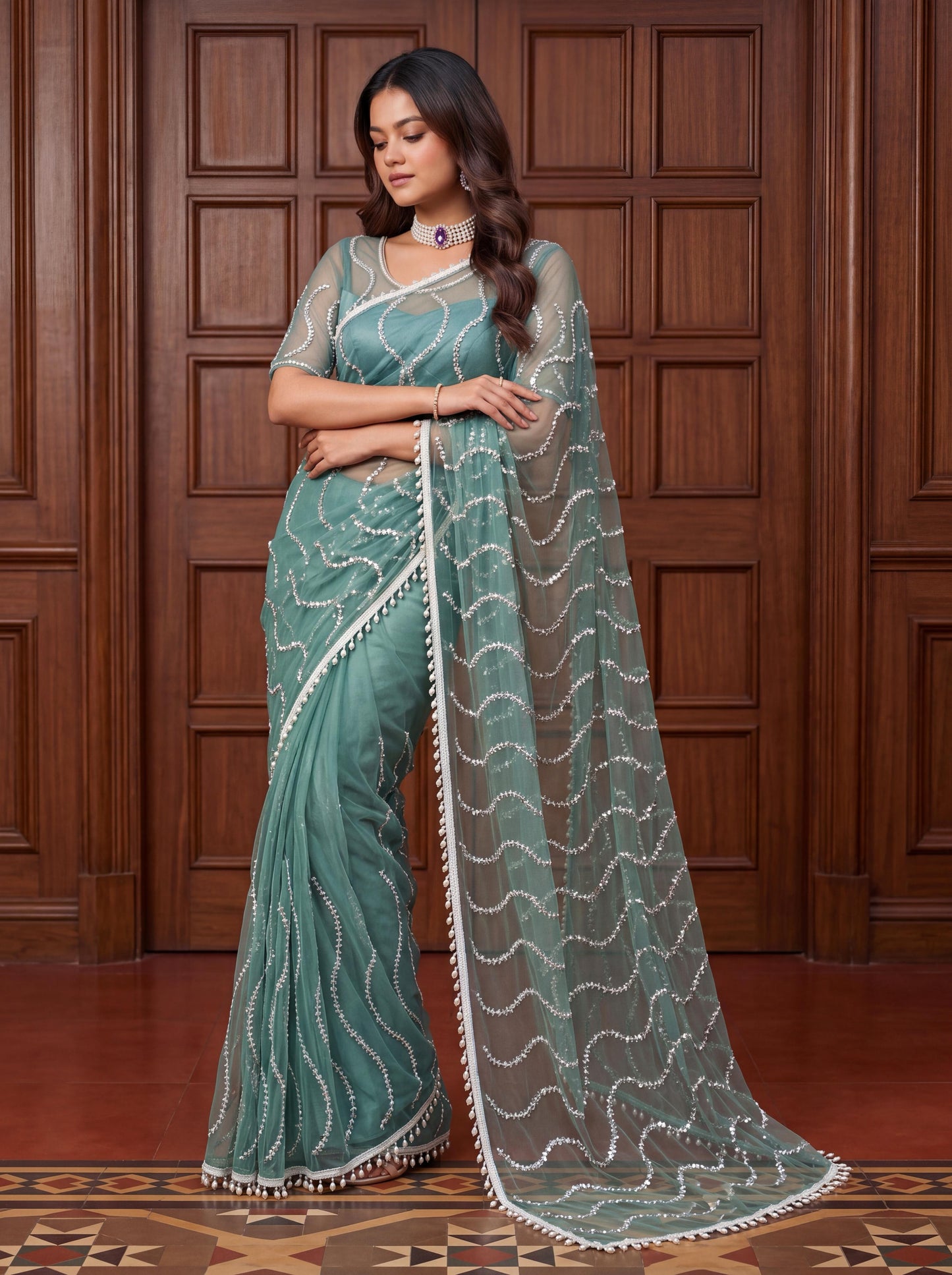 Designer Handwork Net Saree With Beads, Sequence & Pearl Embroidery