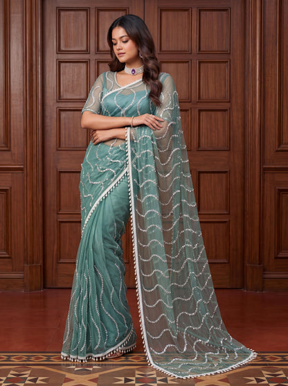 Designer Handwork Net Saree With Beads, Sequence & Pearl Embroidery