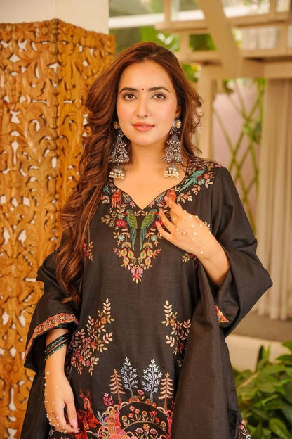 PRINTED ROMAN SEQUENCE EMBROIDERED TOP, PLAZZO & DUPATTA SET
