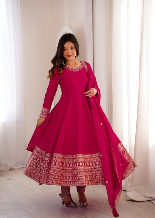Blooming Vichitra Silk Anarkali, Pant & Dupatta Set