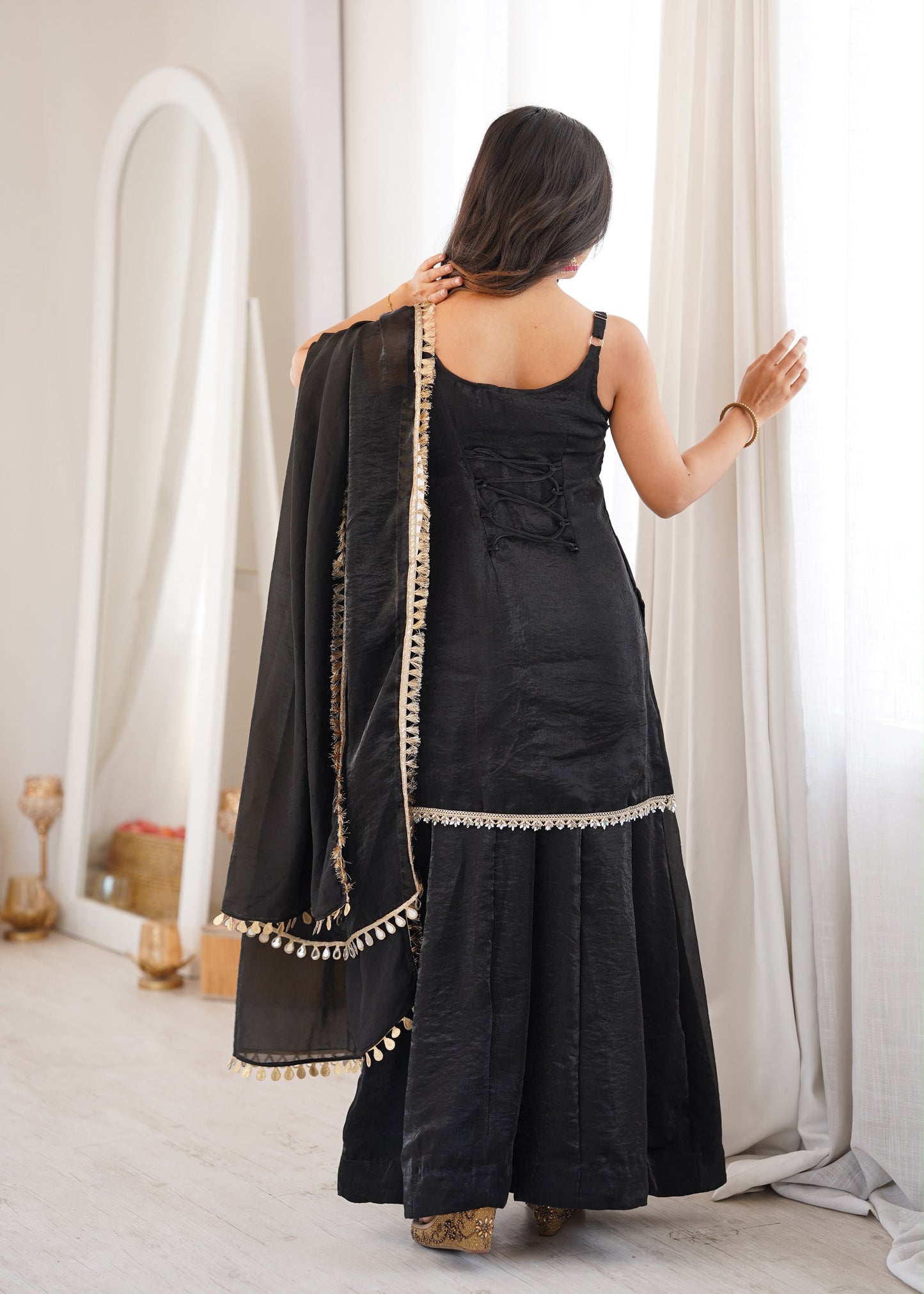 Fendy Silk Embroidered Mirror Work Sharara Set