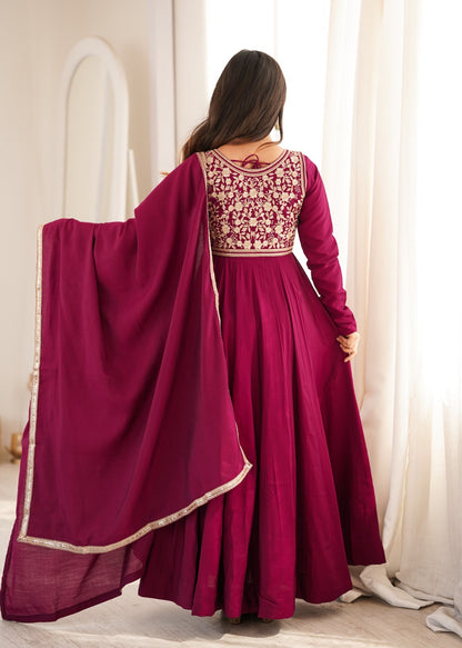 Premium Roman Silk Chanderi Anarkali Gown Set With Fancy Jacket & Dupatta