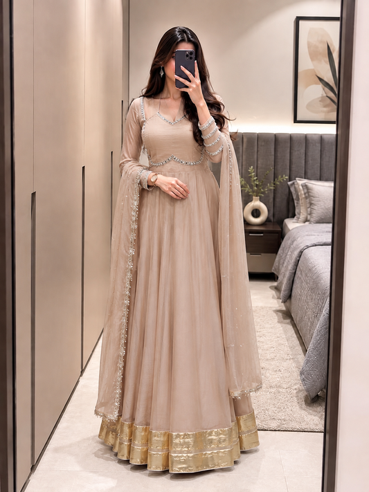 Premium Silver Crunchy Mirror Lace Gown With Designer Dupatta