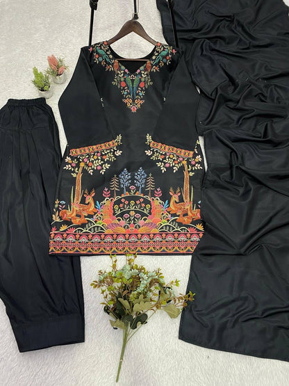 PRINTED ROMAN SEQUENCE EMBROIDERED TOP, PLAZZO & DUPATTA SET