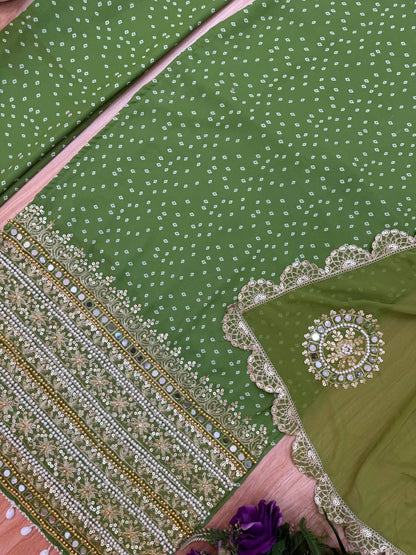Premium Bandhani Faux Georgette Mirror Work Kurti Set With Churidar & Dupatta