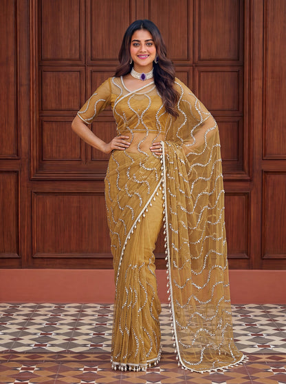 Designer Handwork Net Saree With Beads, Sequence & Pearl Embroidery