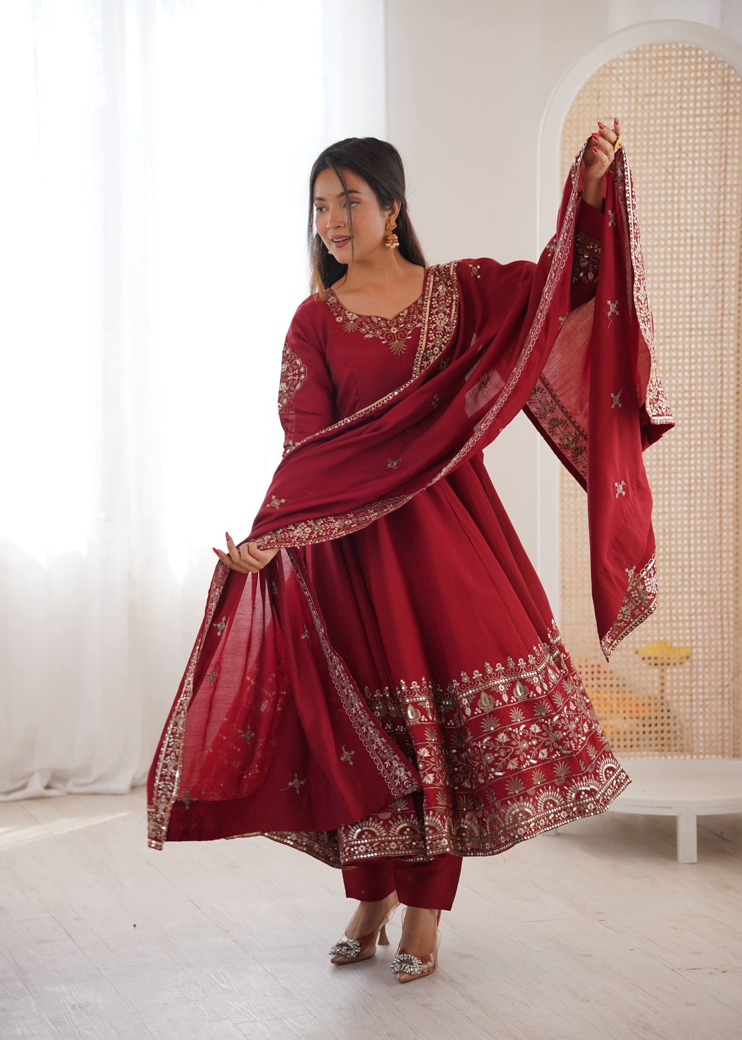 Elegant Embroidered Sequence Designer Anarkali 3-Piece Set