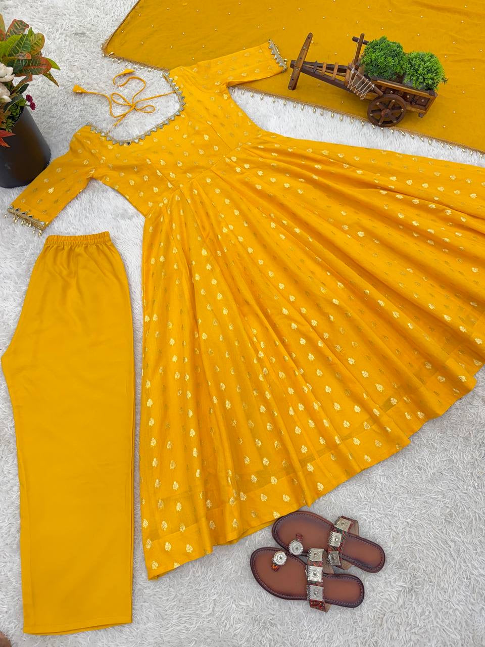 Chanderi Jacquard Butti Real Mirror Anarkali Set