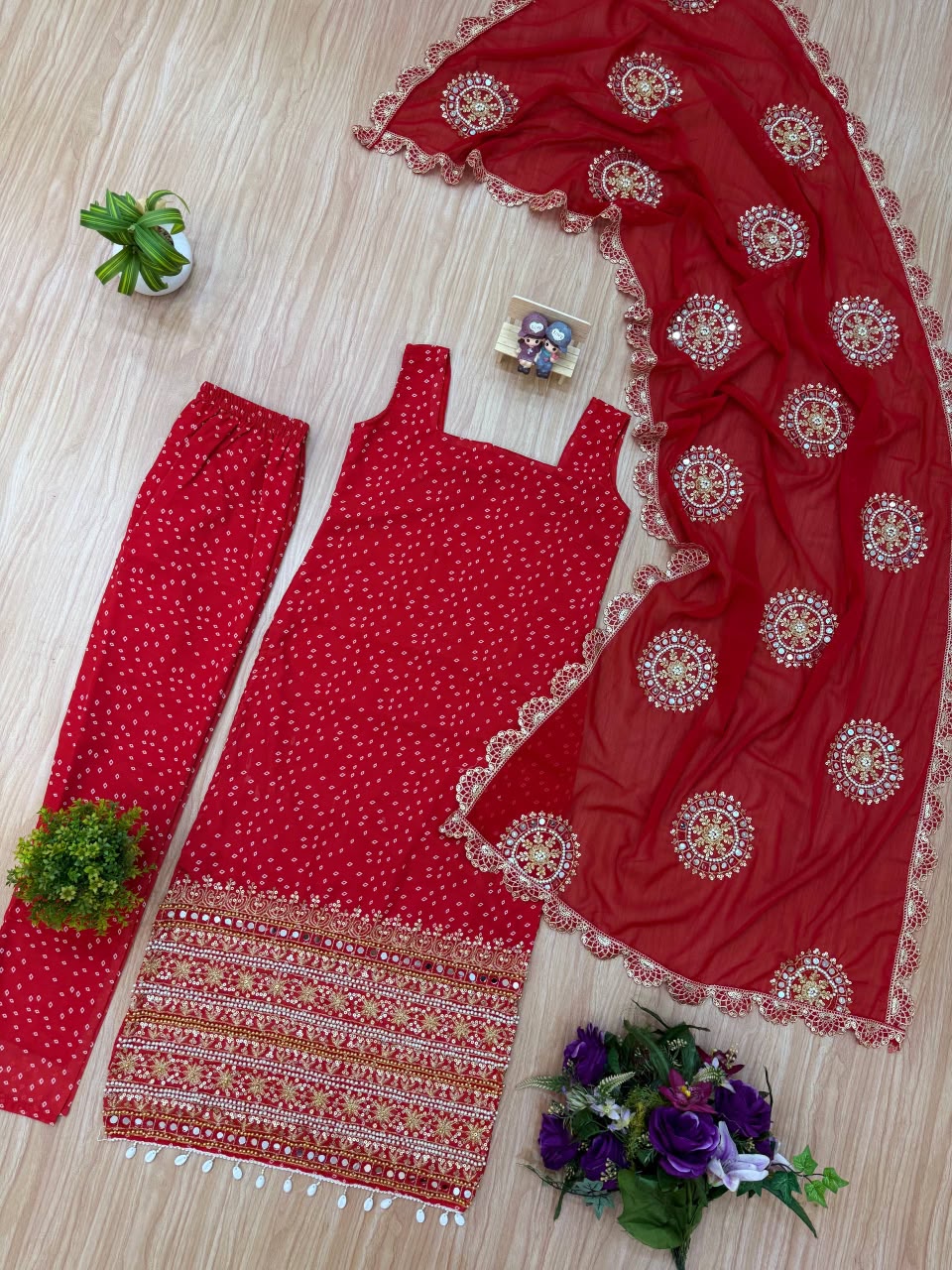 Premium Bandhani Faux Georgette Mirror Work Kurti Set With Churidar & Dupatta